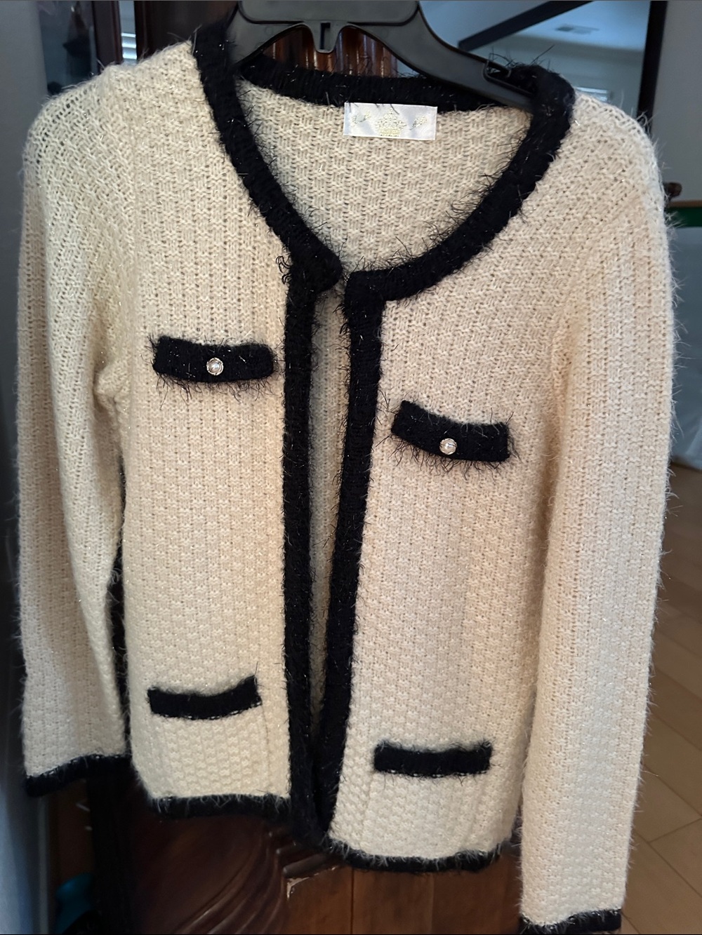 Cream Knit Cardigan with Black Trim and Pearl Buttons